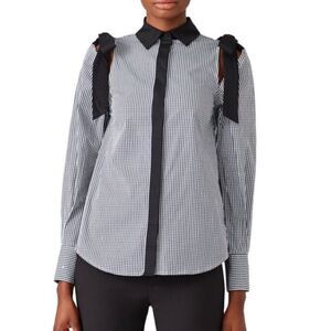 Rebecca Vallance Sabastiano Black White Gingham Cold Shoulder Long Sleeve Top